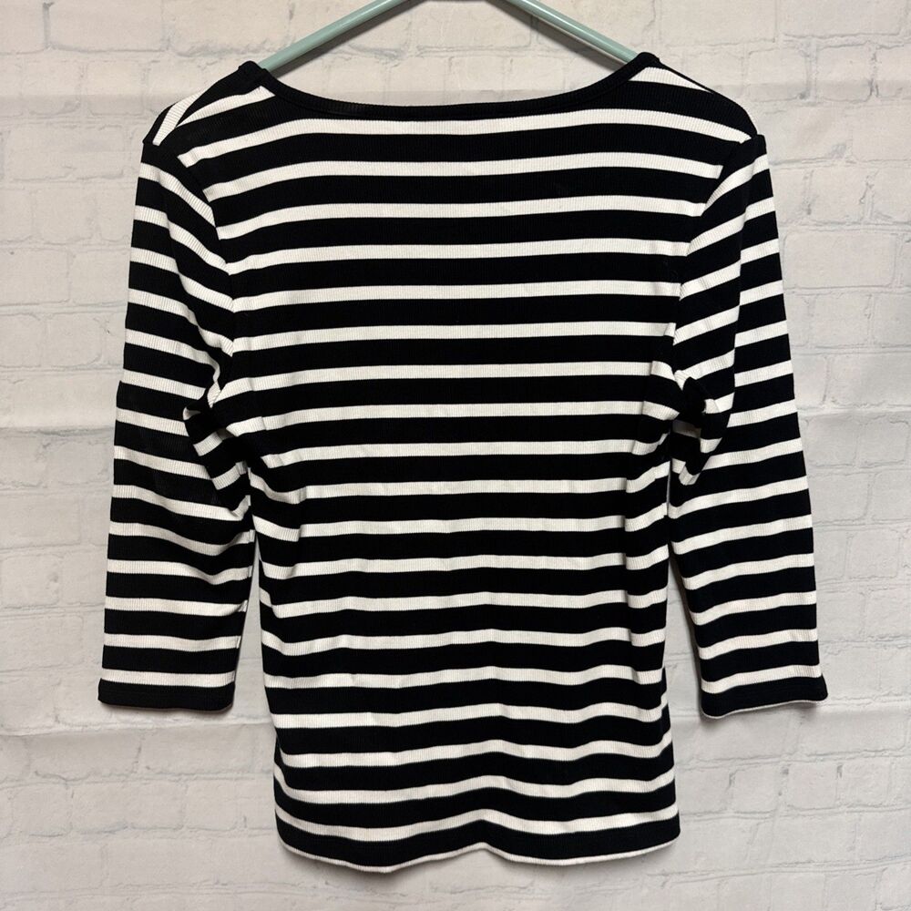 Tahari Women's Black white stripe 3/4 Sleeve Sweater Blouse Pullover Knit medium - Picture 4 of 6